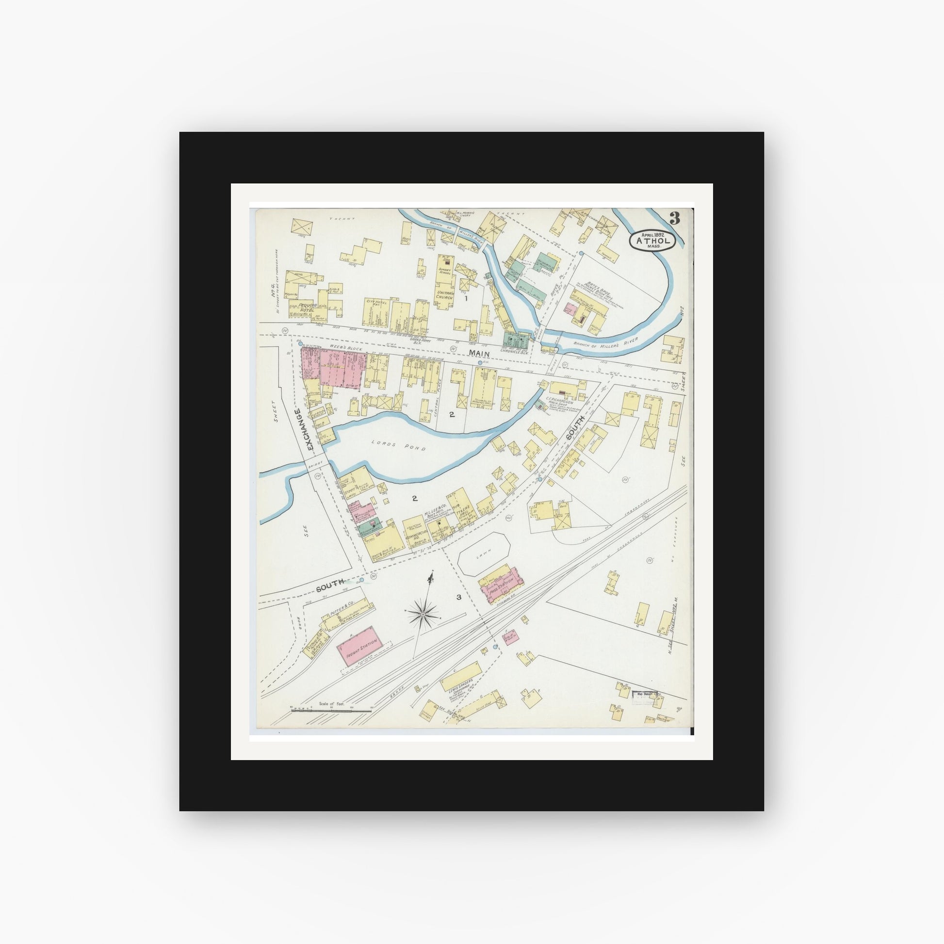 Old map wall art mockup — black gallery frame with white mat — Sanborn Fire Insurance Map from Athol, Worcester County, Massachusetts (1892), Sheet #0003