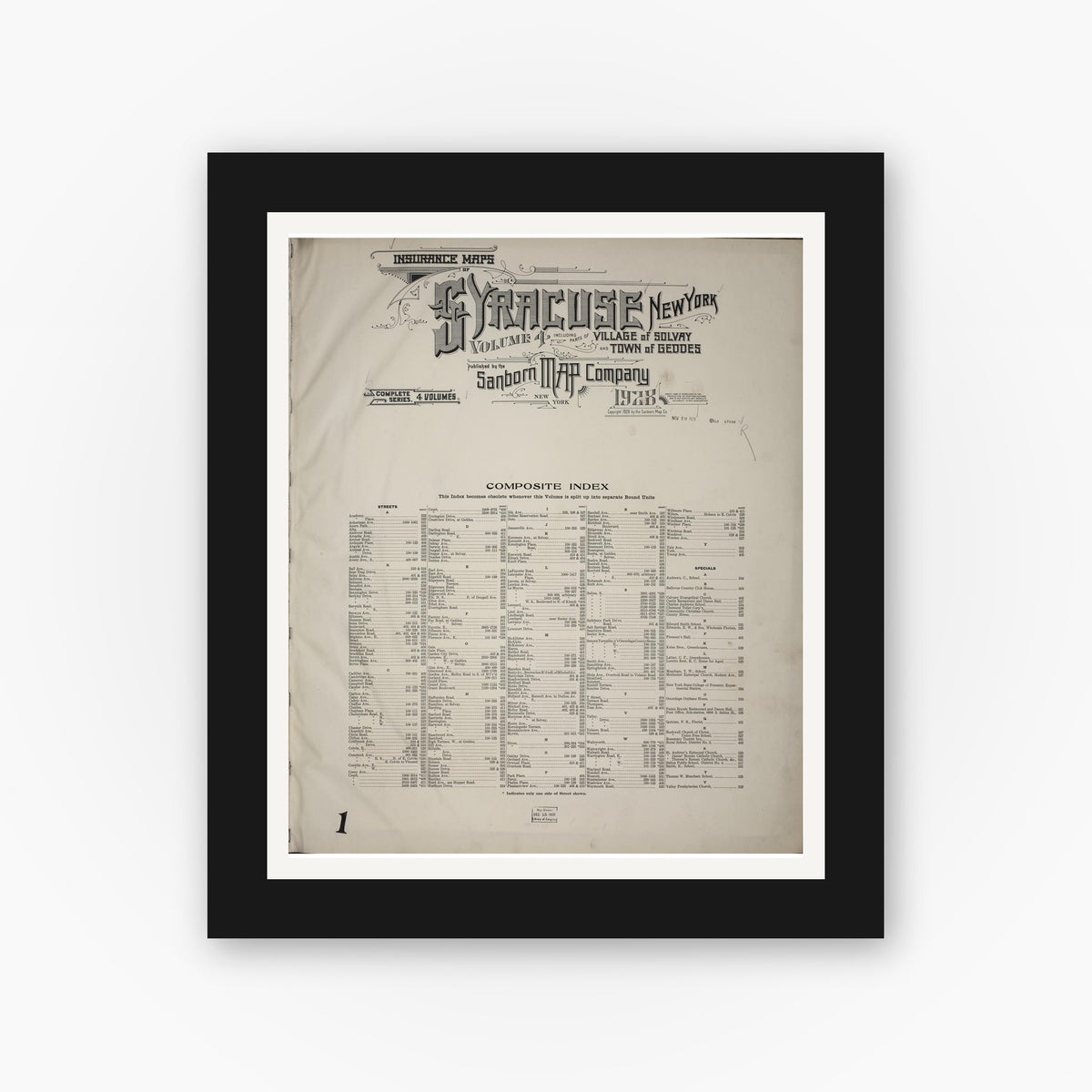 Old map wall art mockup — black gallery frame with white mat — Sanborn Fire Insurance Map from Syracuse, Onondage County, New York (1928), Sheet #0001