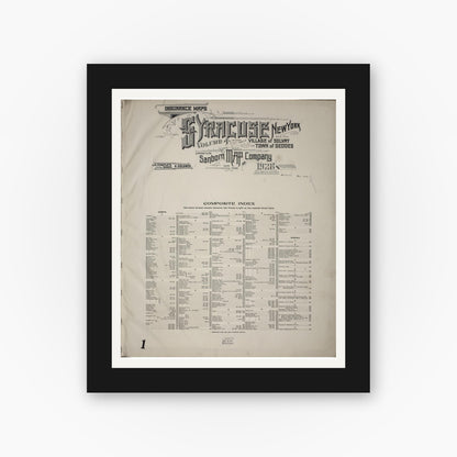 Old map wall art mockup — black gallery frame with white mat — Sanborn Fire Insurance Map from Syracuse, Onondage County, New York (1928), Sheet #0001