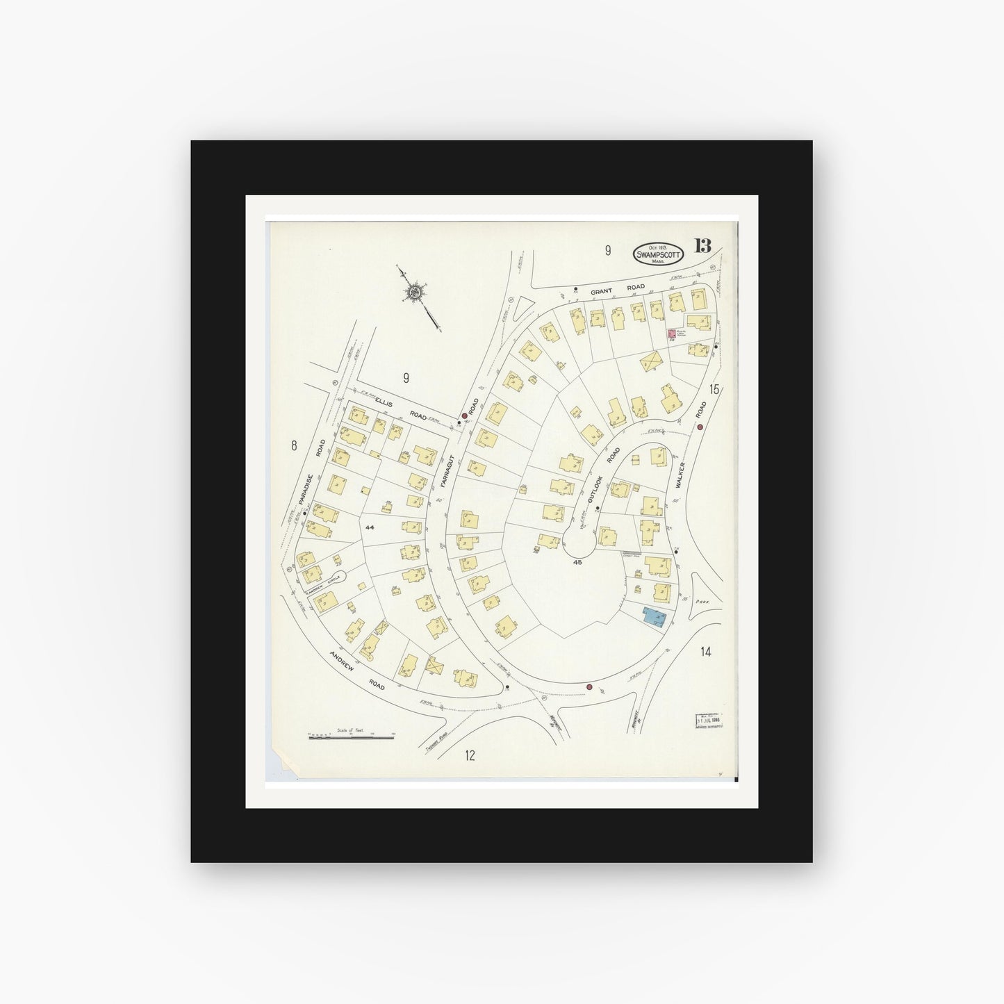 Old map wall art mockup — black gallery frame with white mat — Sanborn Fire Insurance Map from Swampscott, Essex County, Massachusetts (1913), Sheet #0013