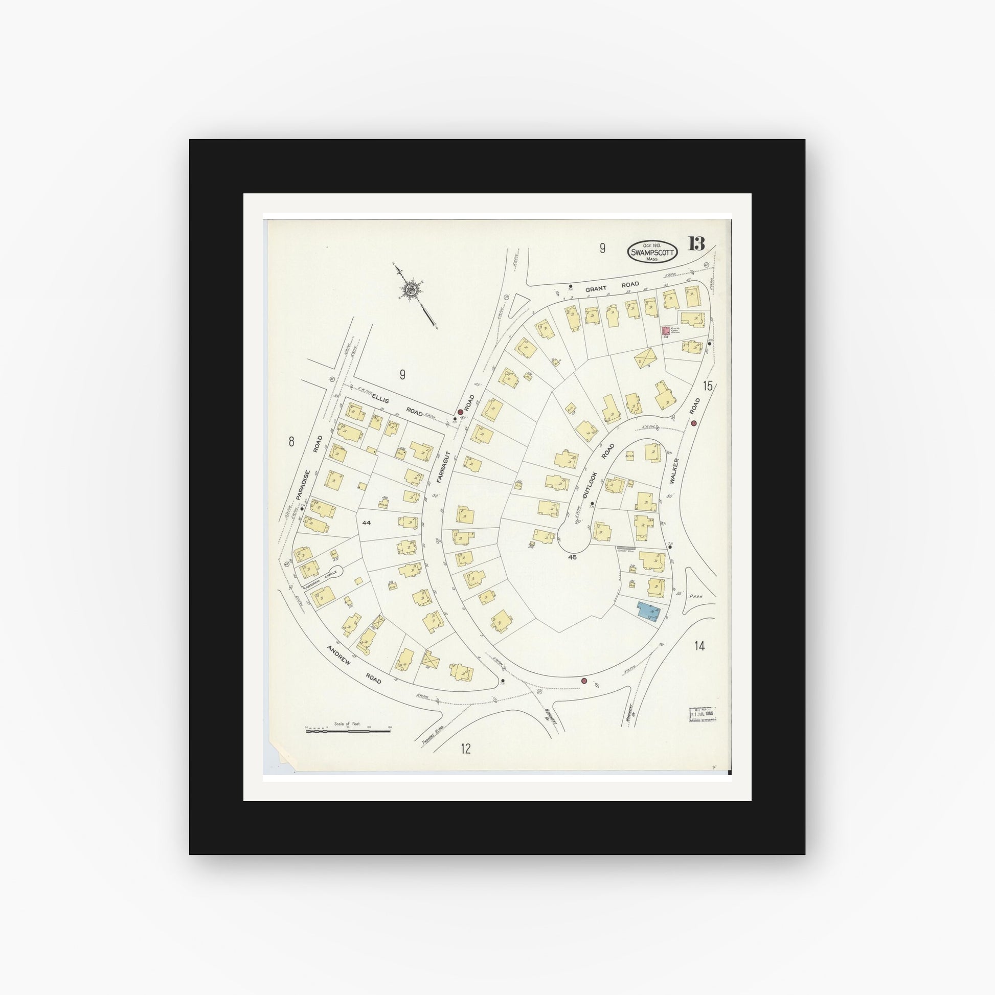 Old map wall art mockup — black gallery frame with white mat — Sanborn Fire Insurance Map from Swampscott, Essex County, Massachusetts (1913), Sheet #0013