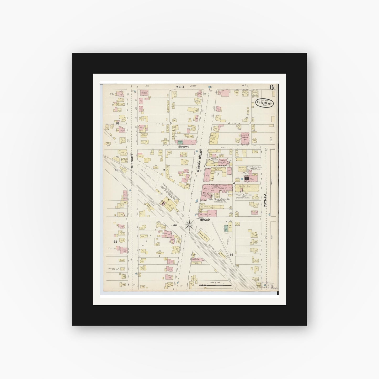 Old map wall art mockup — black gallery frame with white mat — Sanborn Fire Insurance Map from Findlay, Hancock County, Ohio (1890), Sheet #0006