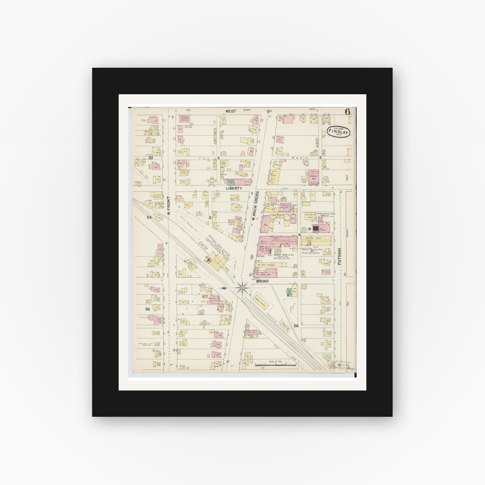 Old map wall art mockup — black gallery frame with white mat — Sanborn Fire Insurance Map from Findlay, Hancock County, Ohio (1890), Sheet #0006