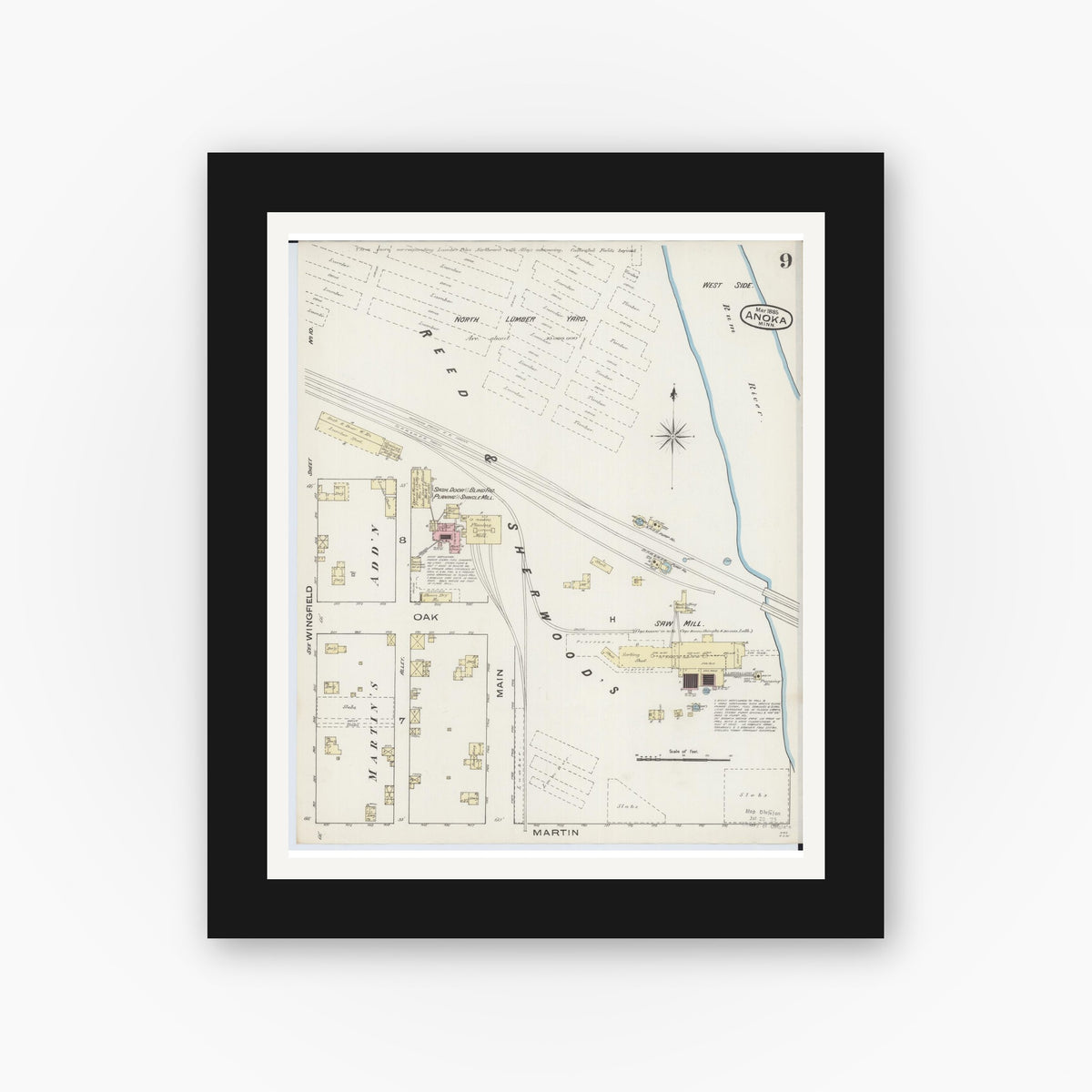 Old map wall art mockup — black gallery frame with white mat — Sanborn Fire Insurance Map from Anoka, Anoka County, Minnesota (1885), Sheet #0009