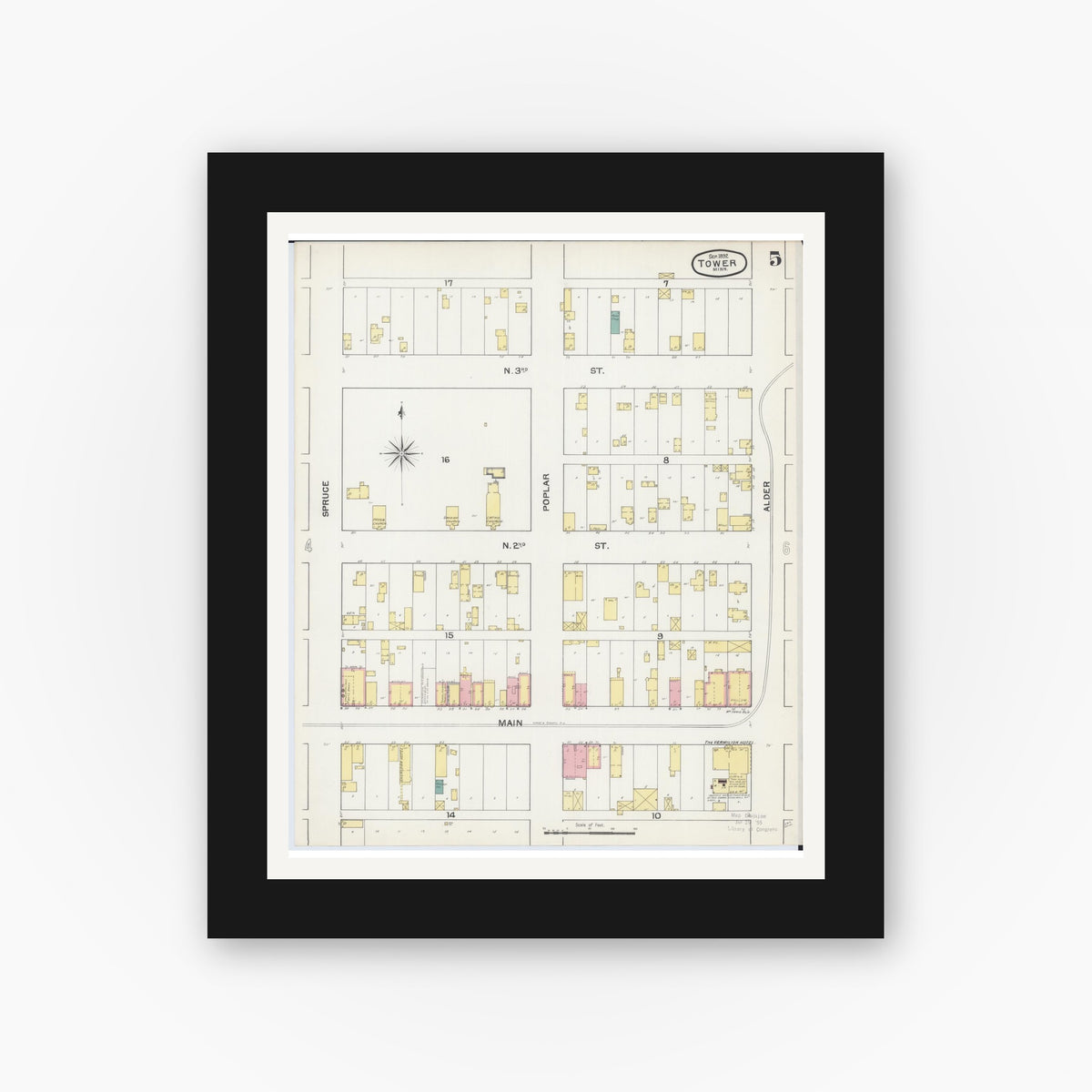 Old map wall art mockup — black gallery frame with white mat — Sanborn Fire Insurance Map from Tower, Saint Louis County, Minnesota (1892), Sheet #0005