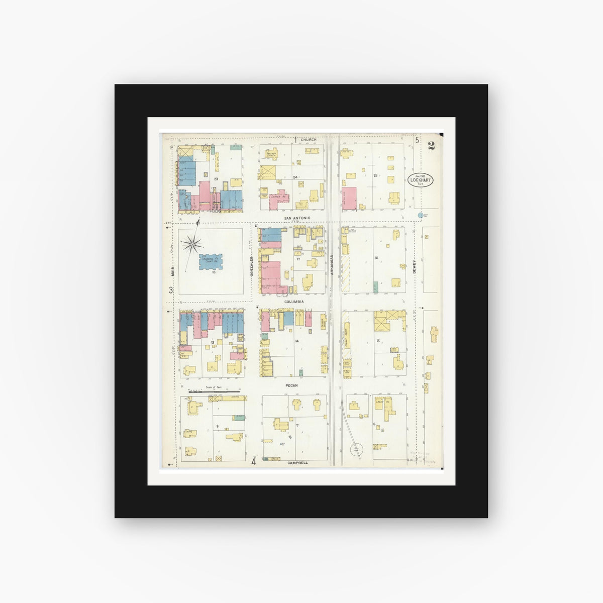 Old map wall art mockup — black gallery frame with white mat — Sanborn Fire Insurance Map from Lockhart, Caldwell County, Texas (1903), Sheet #0002