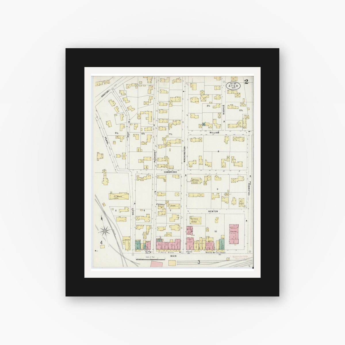 Old map wall art mockup — black gallery frame with white mat — Sanborn Fire Insurance Map from Ayer, Middlesex County, Massachusetts (1897), Sheet #0002