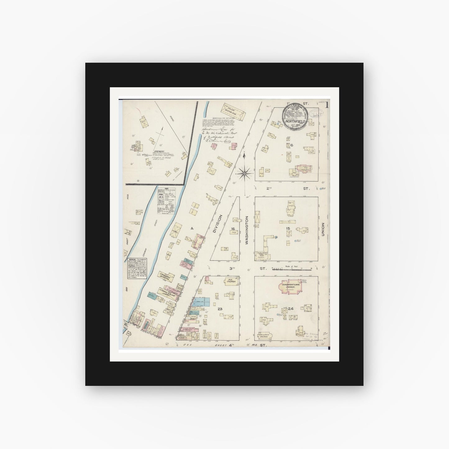Old map wall art mockup — black gallery frame with white mat — Sanborn Fire Insurance Map from Northfield, Rice County, Minnesota (1884), Sheet #0001