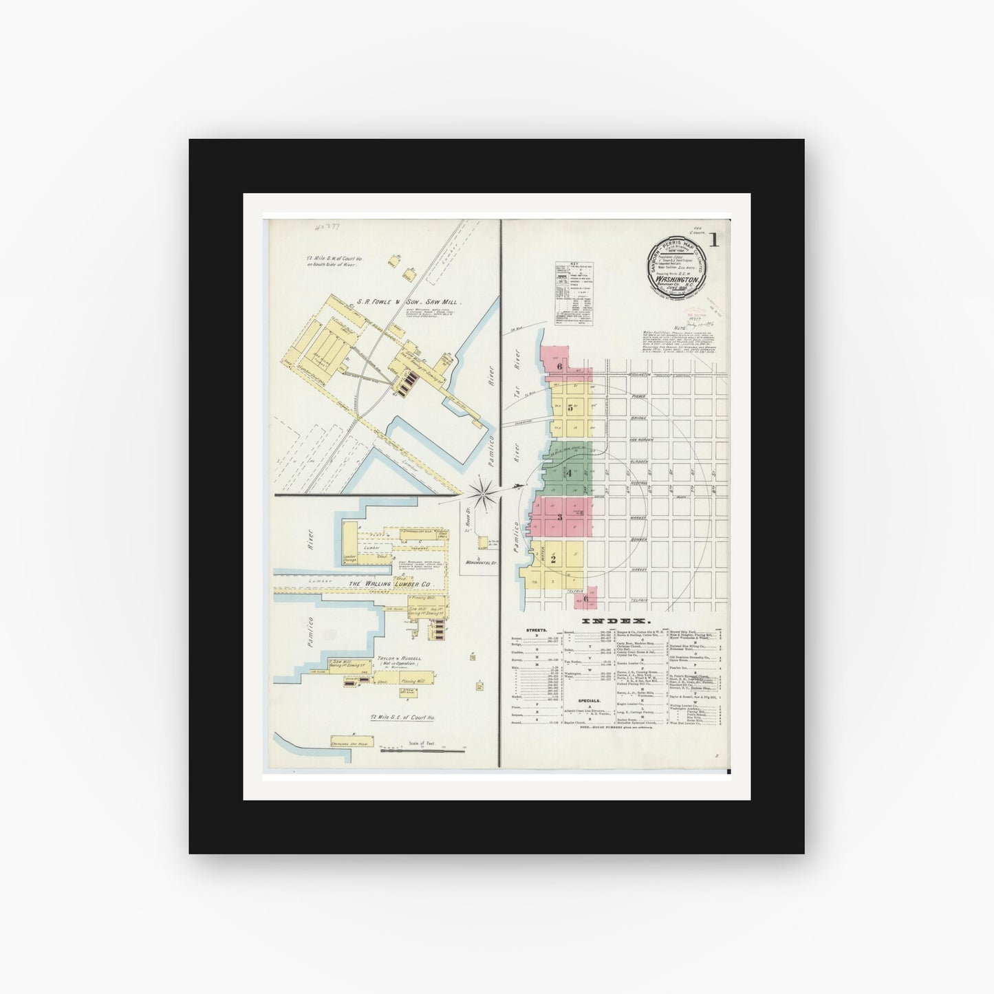Old map wall art mockup — black gallery frame with white mat — Sanborn Fire Insurance Map from Washington, Beaufort County, North Carolina (1896), Sheet #0001
