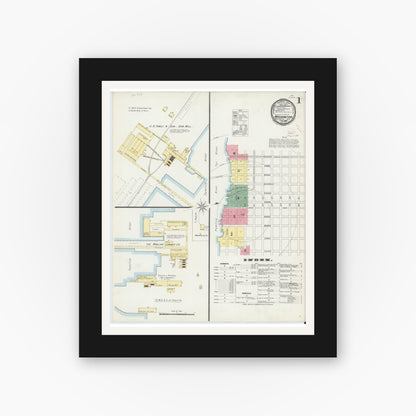 Old map wall art mockup — black gallery frame with white mat — Sanborn Fire Insurance Map from Washington, Beaufort County, North Carolina (1896), Sheet #0001