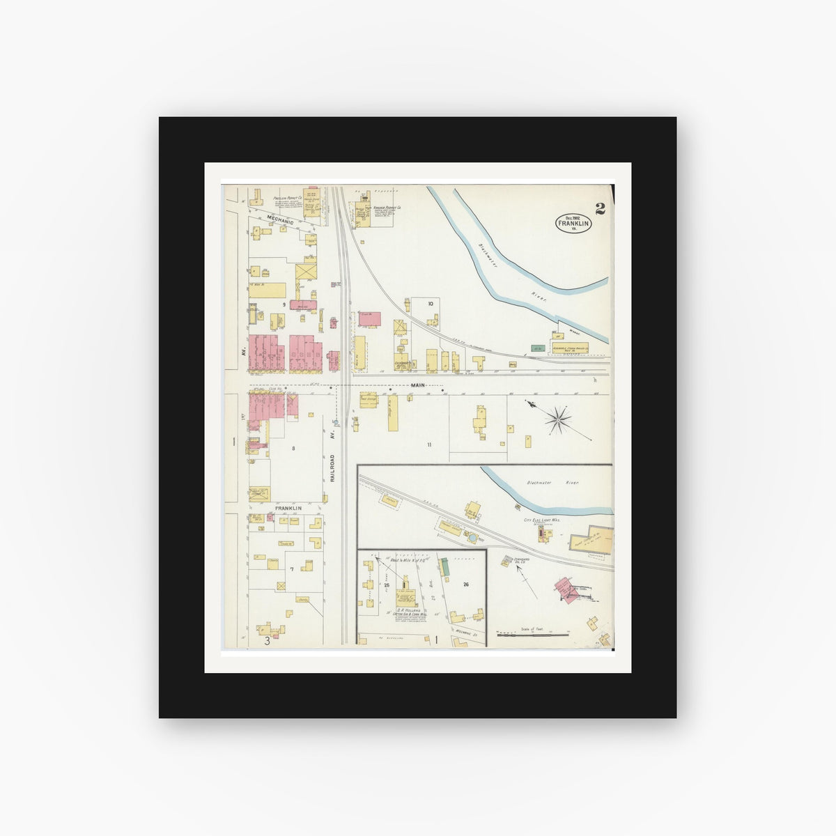 Old map wall art mockup — black gallery frame with white mat — Sanborn Fire Insurance Map from Franklin, Independent Cities, Virginia (1902), Sheet #0002