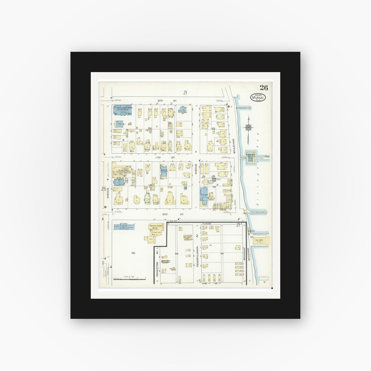 Old map wall art mockup — black gallery frame with white mat — Sanborn Fire Insurance Map from Miami, Dade County, Florida (1914), Sheet #0026