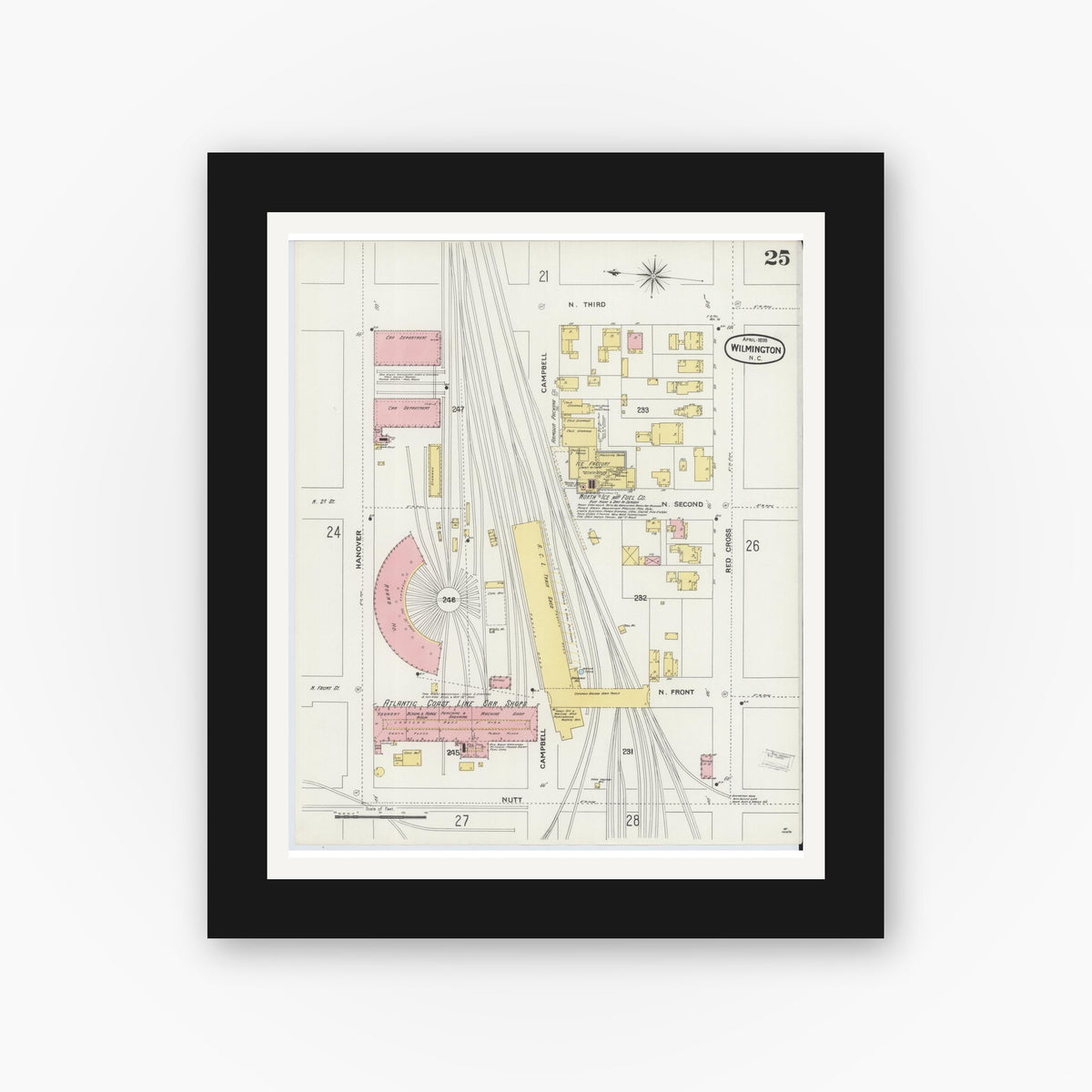 Old map wall art mockup — black gallery frame with white mat — Sanborn Fire Insurance Map from Wilmington, New Hanover County, North Carolina (1898), Sheet #0025