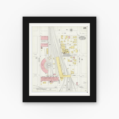 Old map wall art mockup — black gallery frame with white mat — Sanborn Fire Insurance Map from Wilmington, New Hanover County, North Carolina (1898), Sheet #0025