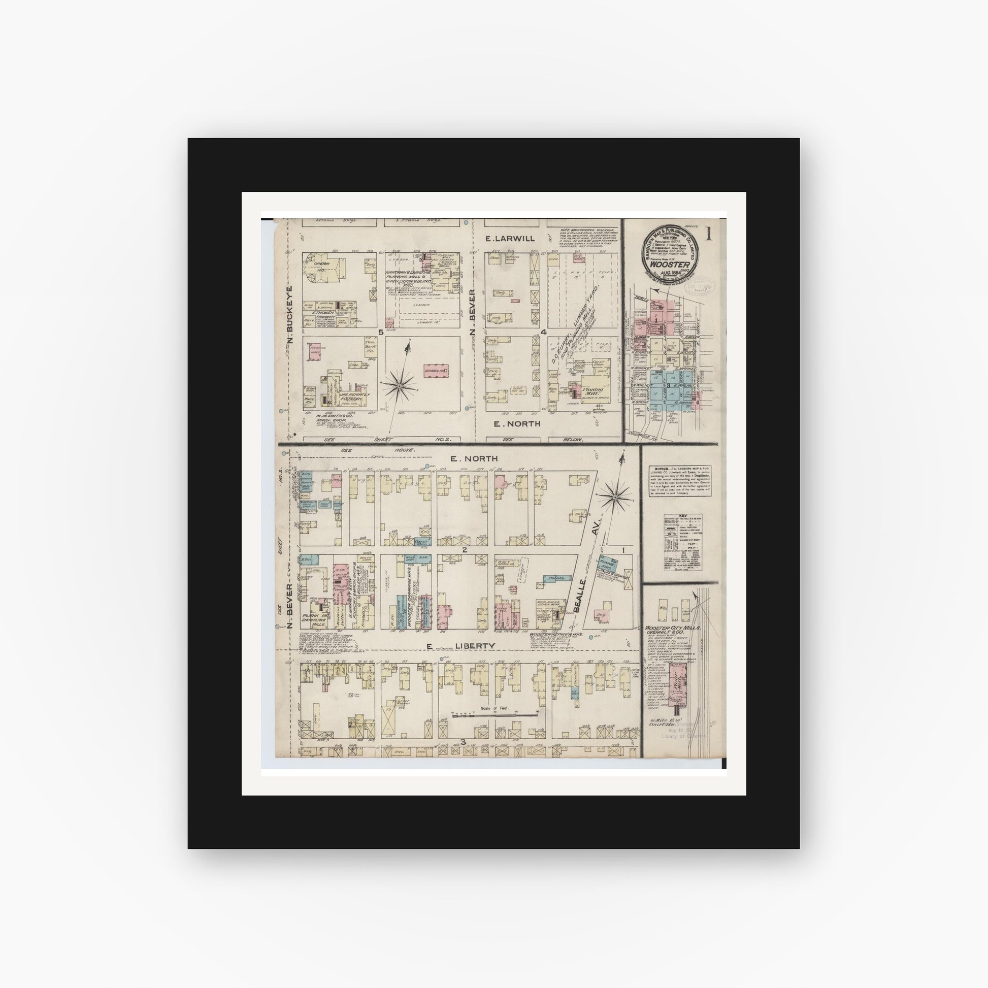 Old map wall art mockup — black gallery frame with white mat — Sanborn Fire Insurance Map from Wooster, Wayne County, Ohio (1884), Sheet #0001