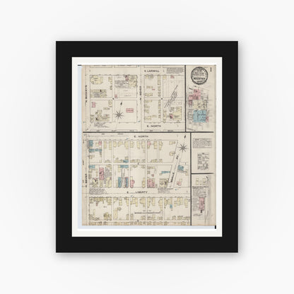 Old map wall art mockup — black gallery frame with white mat — Sanborn Fire Insurance Map from Wooster, Wayne County, Ohio (1884), Sheet #0001