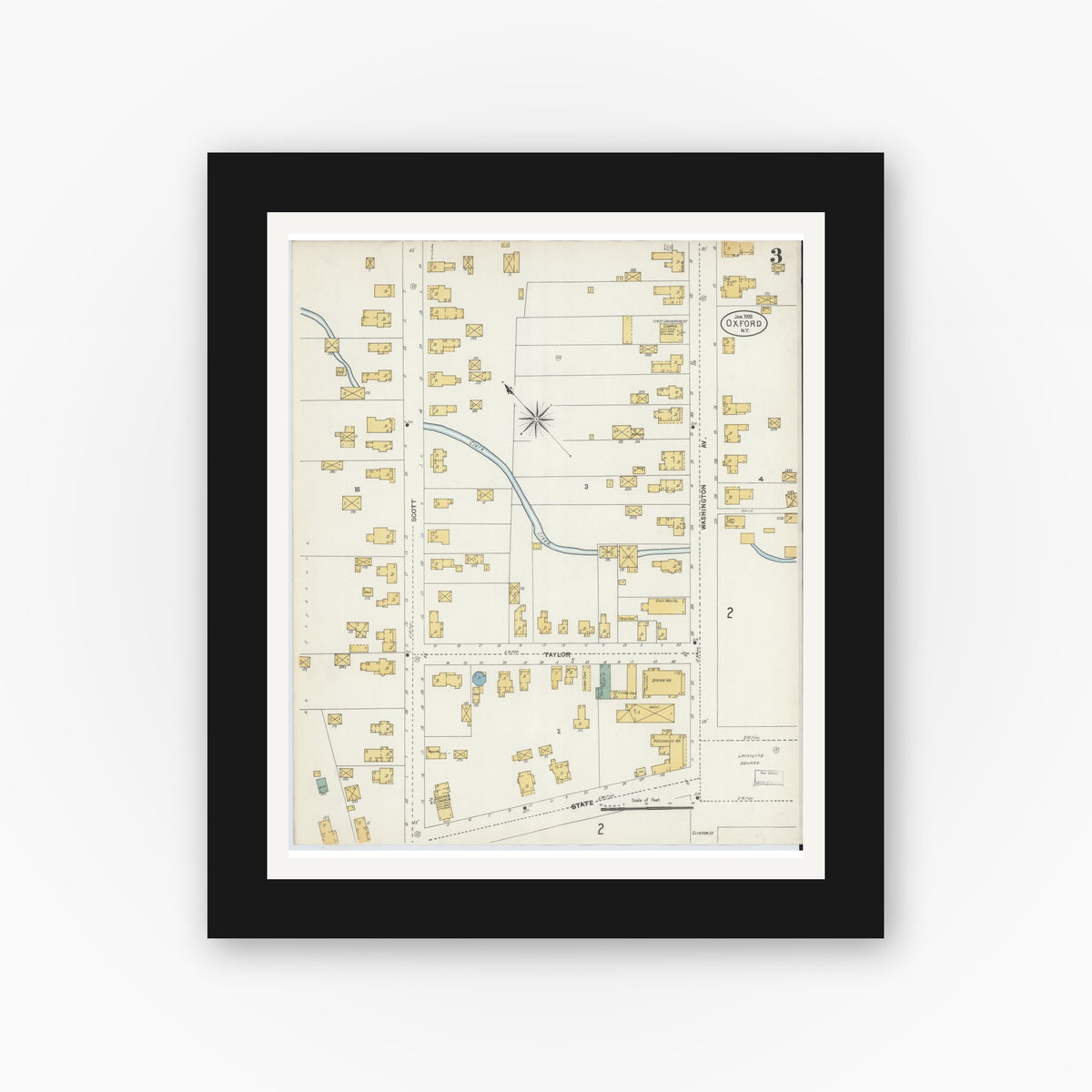 Old map wall art mockup — black gallery frame with white mat — Sanborn Fire Insurance Map from Oxford, Chenango County, New York (1903), Sheet #0003