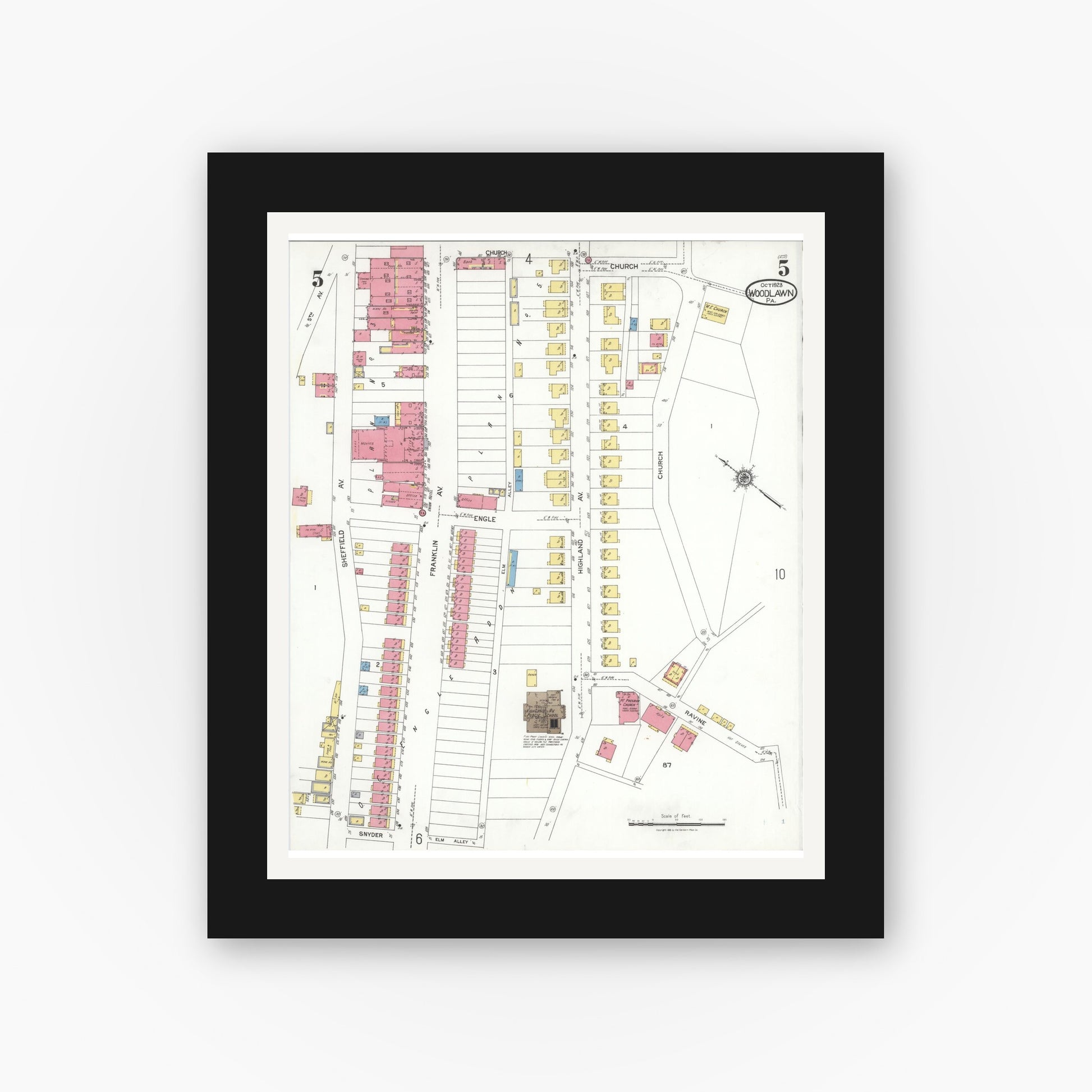 Old map wall art mockup — black gallery frame with white mat — Sanborn Fire Insurance Map from Woodlawn, Beaver County, Pennsylvania (1923), Sheet #0005