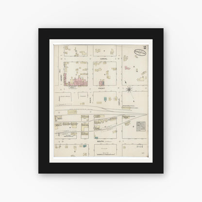 Old map wall art mockup — black gallery frame with white mat — Sanborn Fire Insurance Map from Edgerton, Rock County, Wisconsin (1884), Sheet #0002