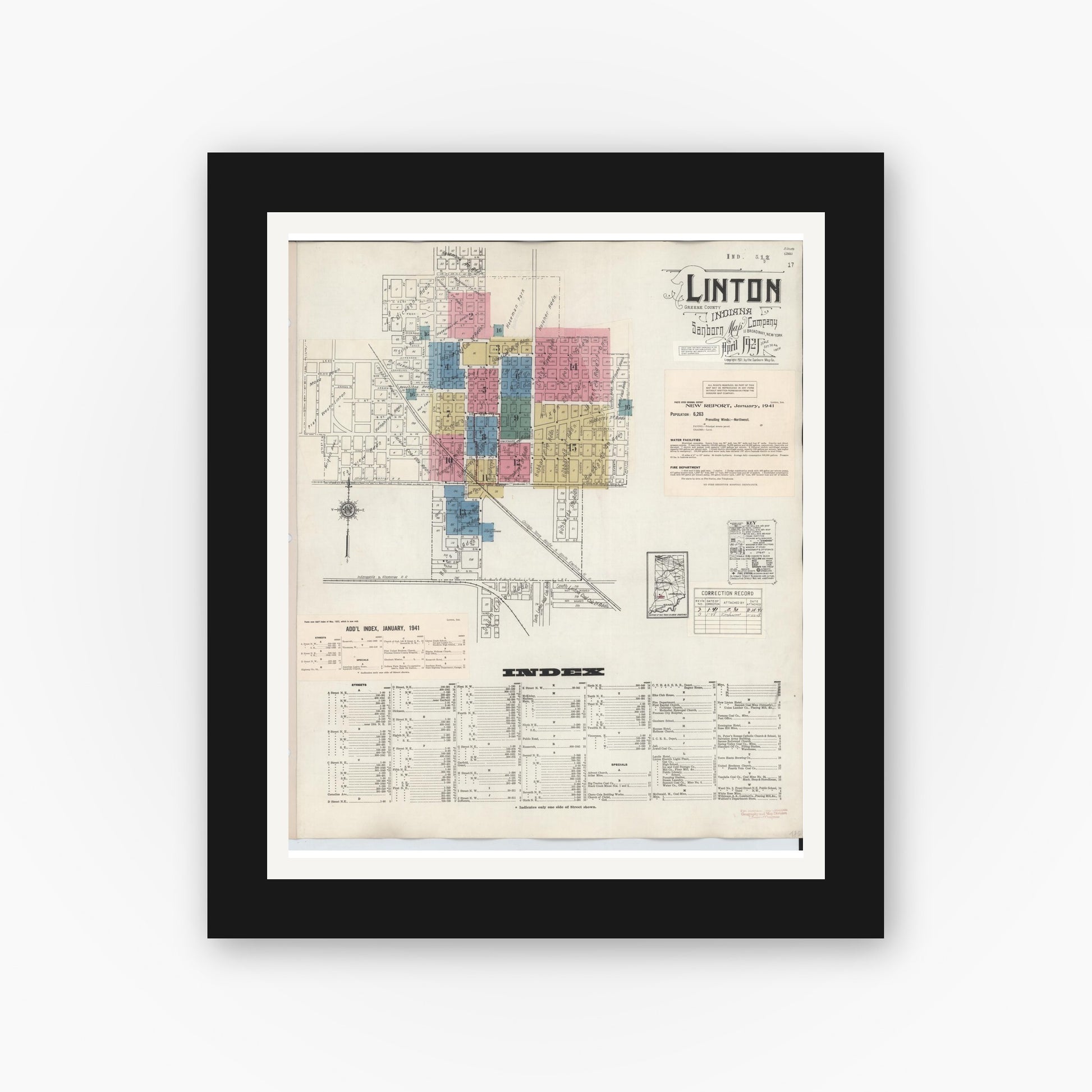 Old map wall art mockup — black gallery frame with white mat — Sanborn Fire Insurance Map from Linton, Greene County, Indiana (1948) - Complete Map Set