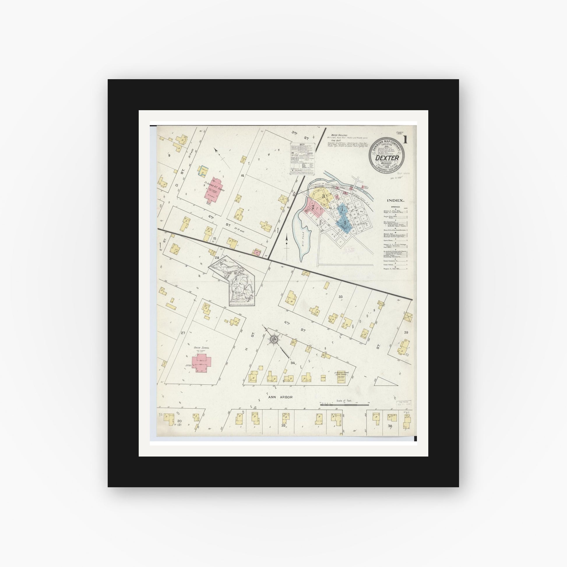Old map wall art mockup — black gallery frame with white mat — Sanborn Fire Insurance Map from Dexter, Washtenaw County, Michigan (1912), Sheet #0001