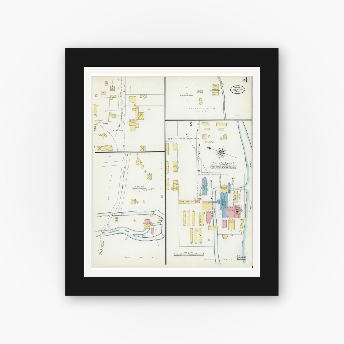 Old map wall art mockup — black gallery frame with white mat — Sanborn Fire Insurance Map from Grafton, Worcester County, Massachusetts (1904), Sheet #0004
