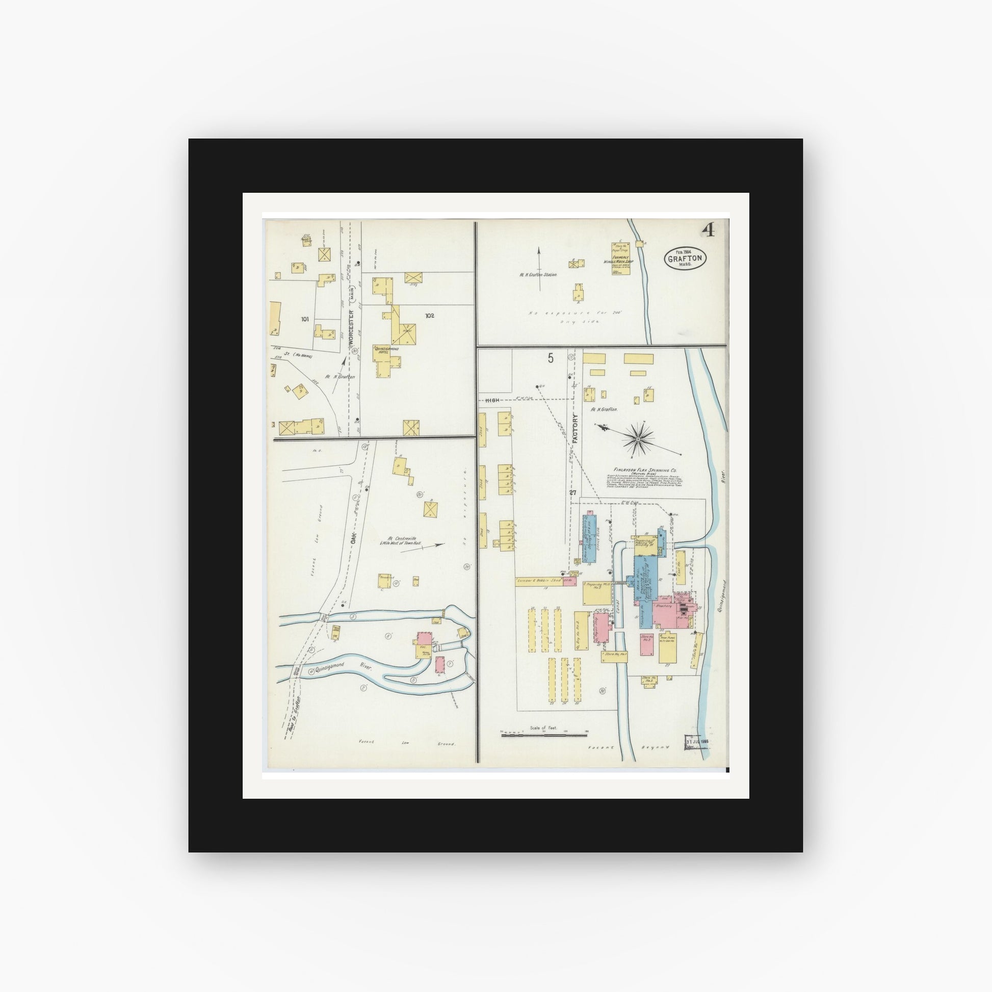 Old map wall art mockup — black gallery frame with white mat — Sanborn Fire Insurance Map from Grafton, Worcester County, Massachusetts (1904), Sheet #0004