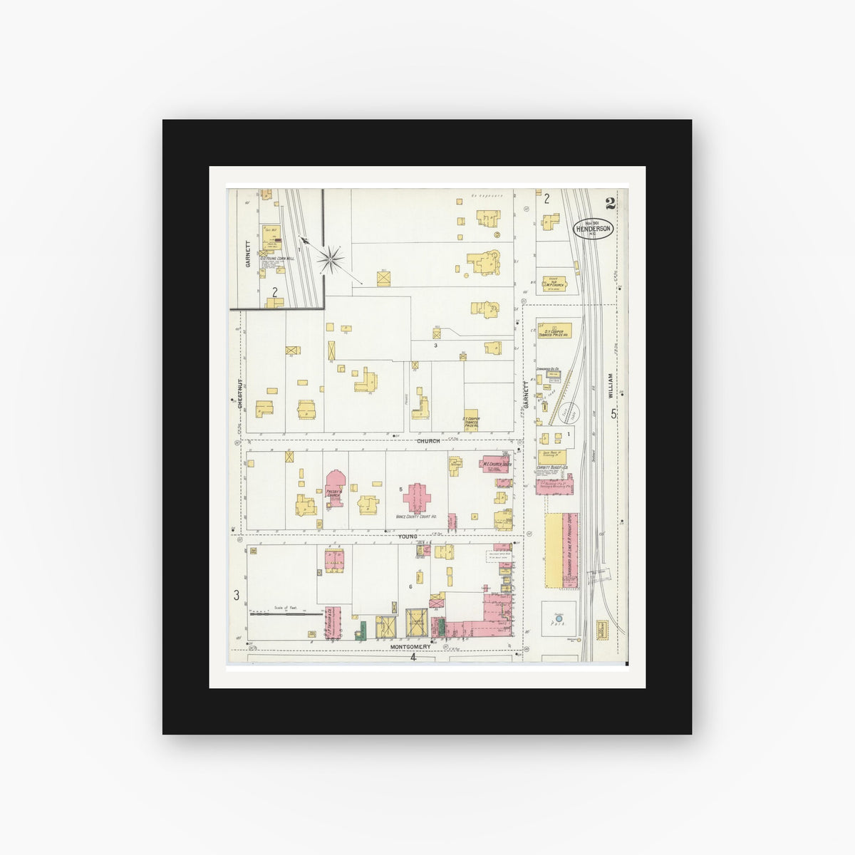 Old map wall art mockup — black gallery frame with white mat — Sanborn Fire Insurance Map from Henderson, Vance County, North Carolina (1901), Sheet #0002