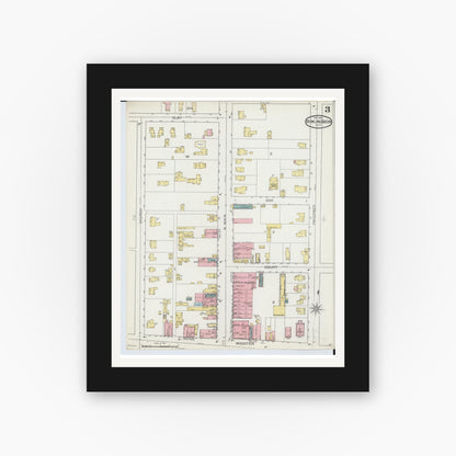 Old map wall art mockup — black gallery frame with white mat — Sanborn Fire Insurance Map from Bowling Green, Wood County, Ohio (1893), Sheet #0003