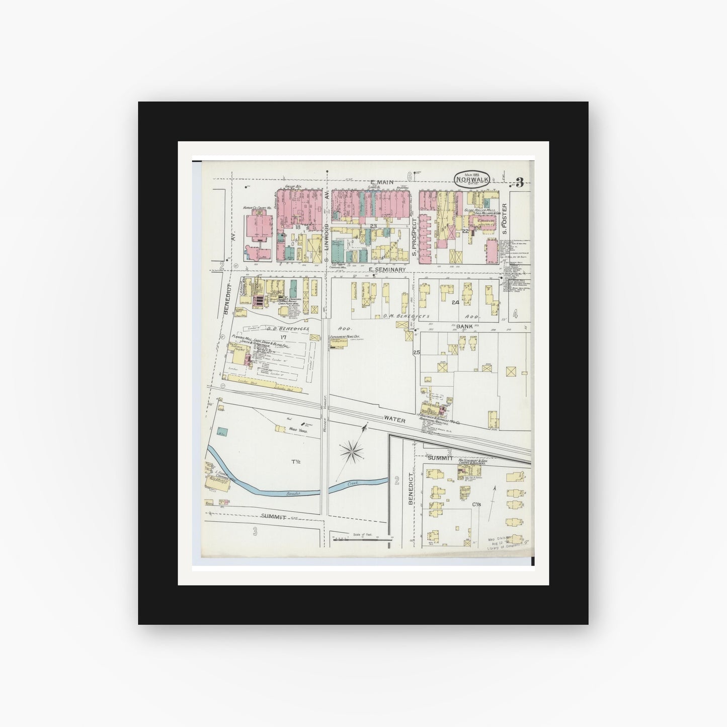 Old map wall art mockup — black gallery frame with white mat — Sanborn Fire Insurance Map from Norwalk, Huron County, Ohio (1893), Sheet #0003