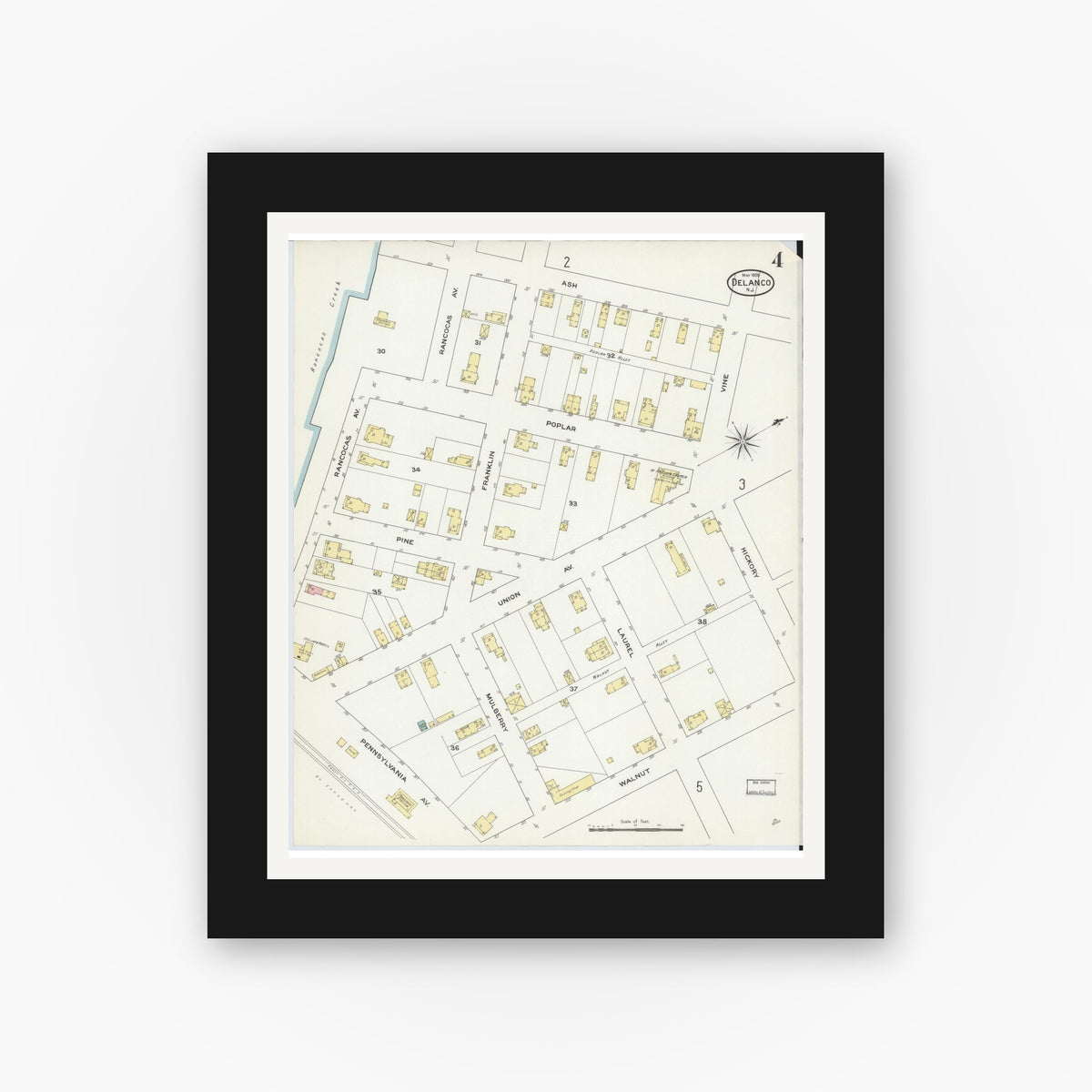 Old map wall art mockup — black gallery frame with white mat — Sanborn Fire Insurance Map from Delanco, Burlington County, New Jersey (1909), Sheet #0004