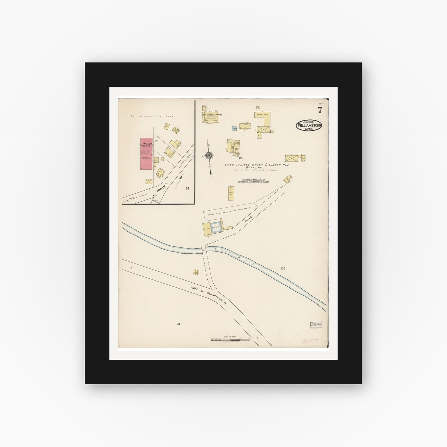 Old map wall art mockup — black gallery frame with white mat — Sanborn Fire Insurance Map from Williamstown, Berkshire County, Massachusetts (1922), Sheet #0007