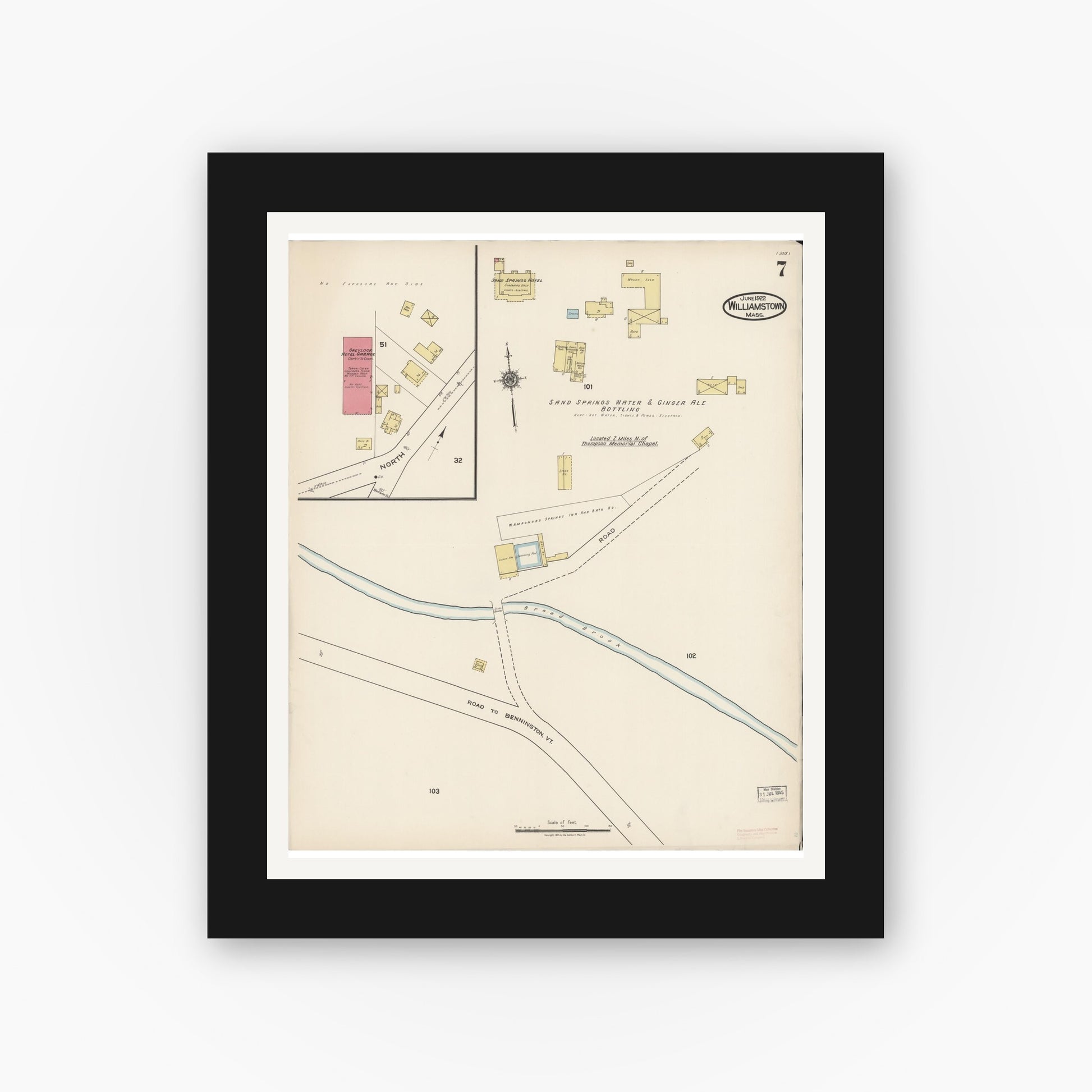 Old map wall art mockup — black gallery frame with white mat — Sanborn Fire Insurance Map from Williamstown, Berkshire County, Massachusetts (1922), Sheet #0007
