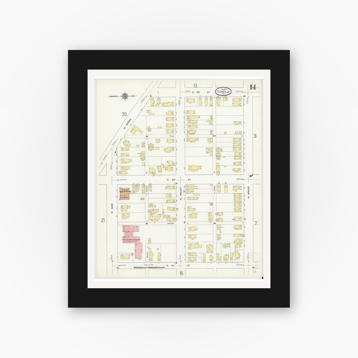 Old map wall art mockup — black gallery frame with white mat — Sanborn Fire Insurance Map from Titusville, Crawford County, Pennsylvania (1912), Sheet #0014