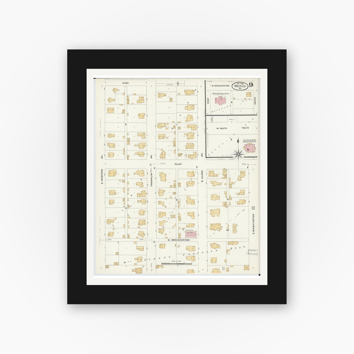 Old map wall art mockup — black gallery frame with white mat — Sanborn Fire Insurance Map from Mexico, Audrain County, Missouri (1908), Sheet #0009