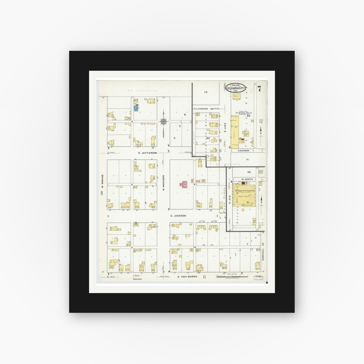 Old map wall art mockup — black gallery frame with white mat — Sanborn Fire Insurance Map from Columbia City, Whitley County, Indiana (1918), Sheet #0007