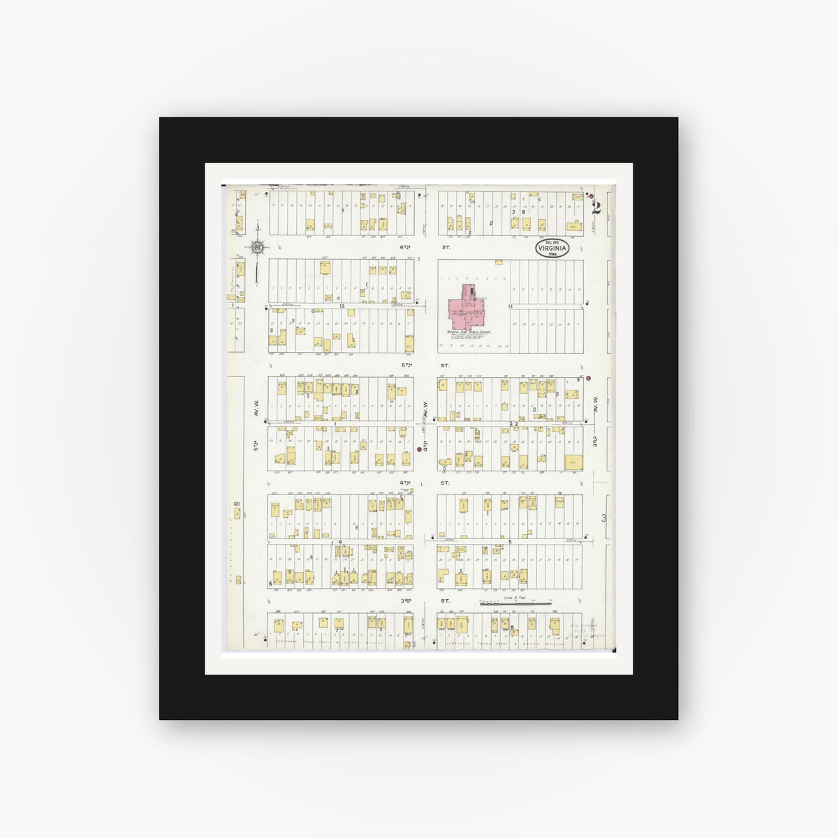 Old map wall art mockup — black gallery frame with white mat — Sanborn Fire Insurance Map from Virginia, Saint Louis County, Minnesota (1915), Sheet #0002