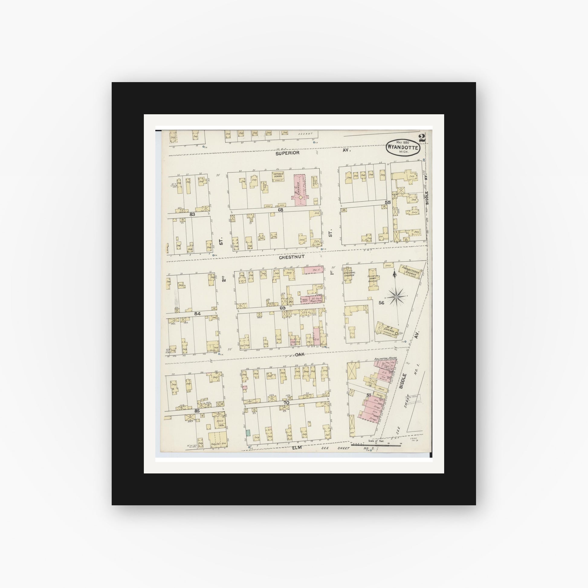 Old map wall art mockup — black gallery frame with white mat — Sanborn Fire Insurance Map from Wyandotte, Wayne County, Michigan (1890), Sheet #0002