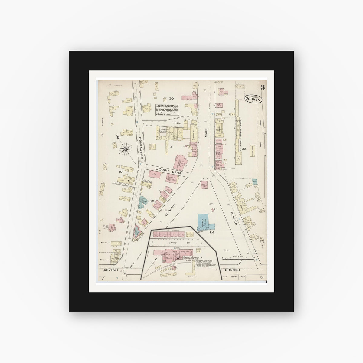 Old map wall art mockup — black gallery frame with white mat — Sanborn Fire Insurance Map from Goshen, Orange County, New York (1885), Sheet #0003