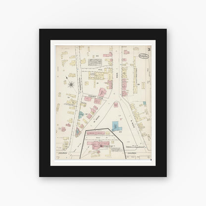 Old map wall art mockup — black gallery frame with white mat — Sanborn Fire Insurance Map from Goshen, Orange County, New York (1885), Sheet #0003
