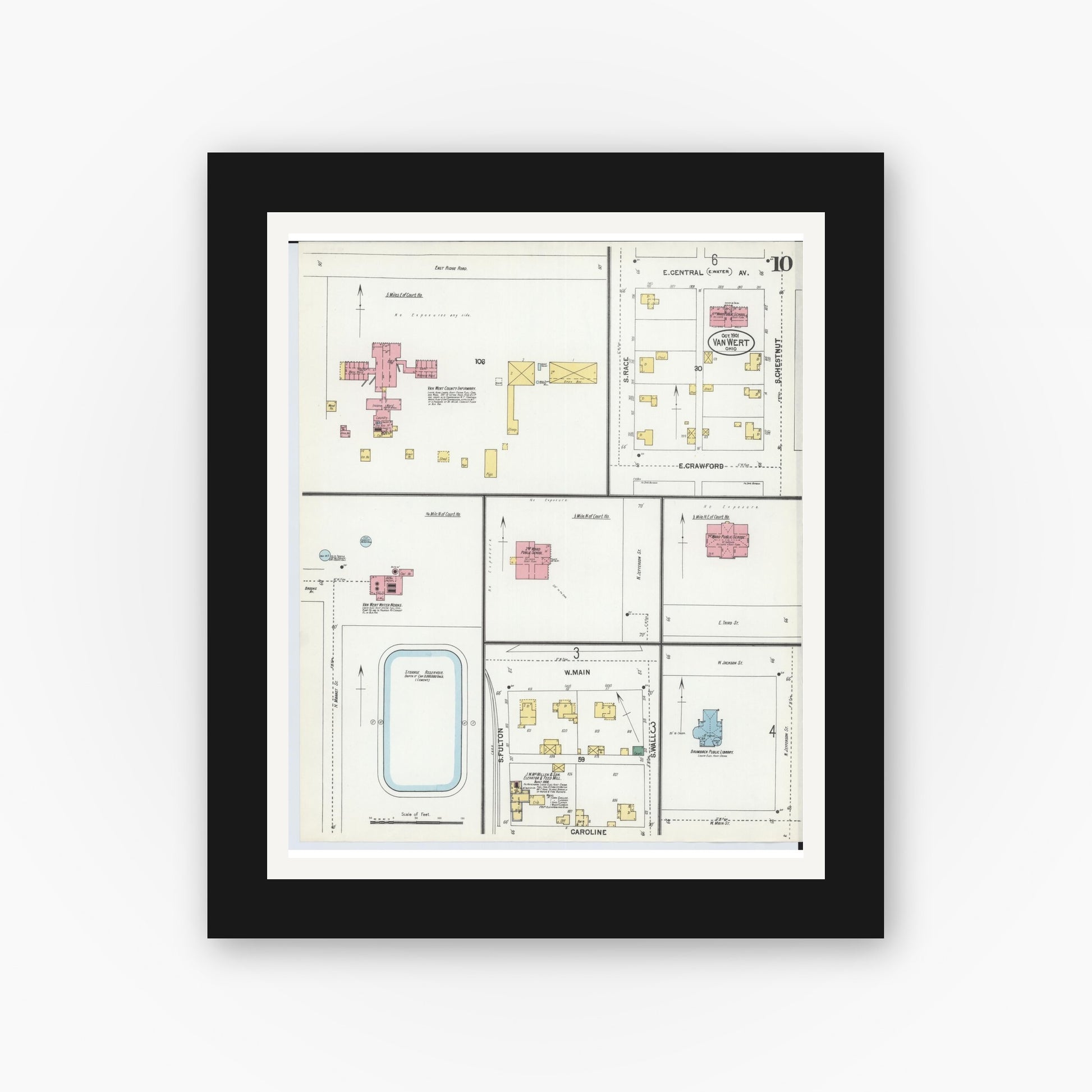 Old map wall art mockup — black gallery frame with white mat — Sanborn Fire Insurance Map from Van Wert, Van Wert County, Ohio (1901), Sheet #0010