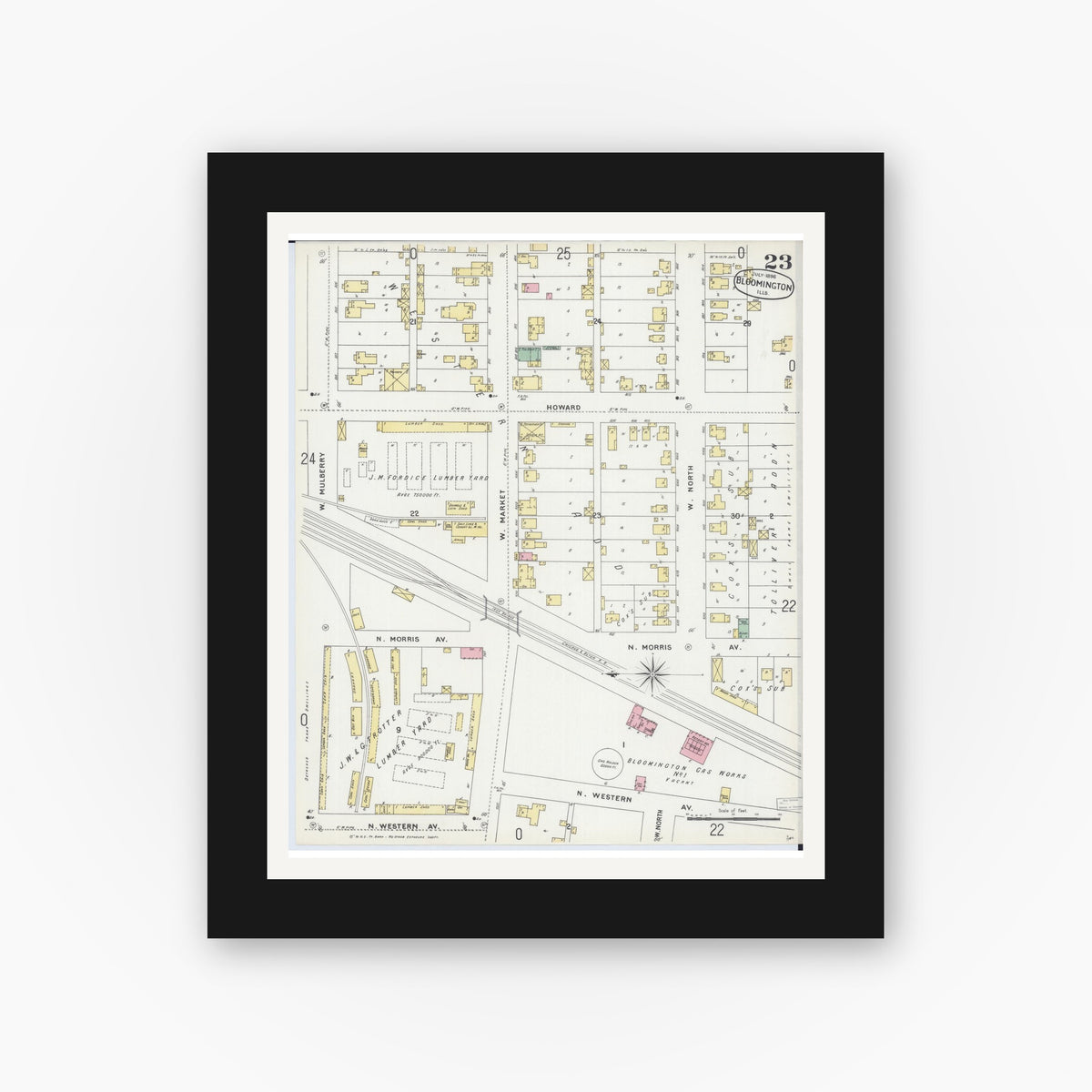 Old map wall art mockup — black gallery frame with white mat — Sanborn Fire Insurance Map from Bloomington, McLean County, Illinois (1896), Sheet #0023