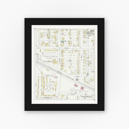 Old map wall art mockup — black gallery frame with white mat — Sanborn Fire Insurance Map from Bloomington, McLean County, Illinois (1896), Sheet #0023