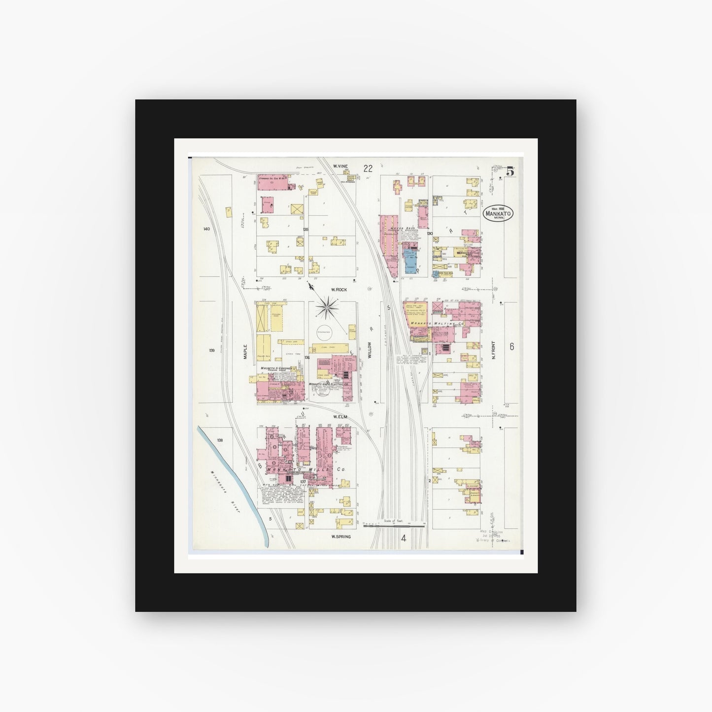 Old map wall art mockup — black gallery frame with white mat — Sanborn Fire Insurance Map from Mankato, Blue Earth County, Minnesota (1908), Sheet #0005
