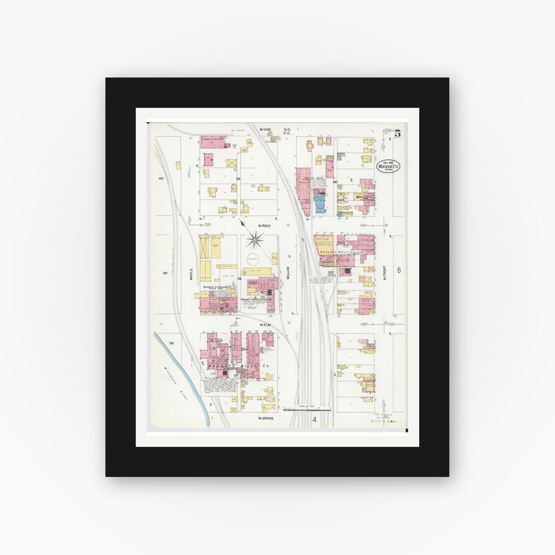 Old map wall art mockup — black gallery frame with white mat — Sanborn Fire Insurance Map from Mankato, Blue Earth County, Minnesota (1908), Sheet #0005
