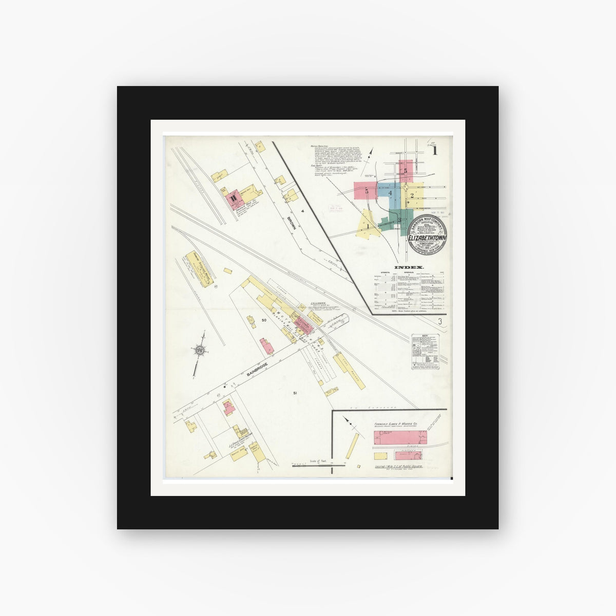Old map wall art mockup — black gallery frame with white mat — Sanborn Fire Insurance Map from Elizabethtown, Lancaster County, Pennsylvania (1911) - Complete Map Set