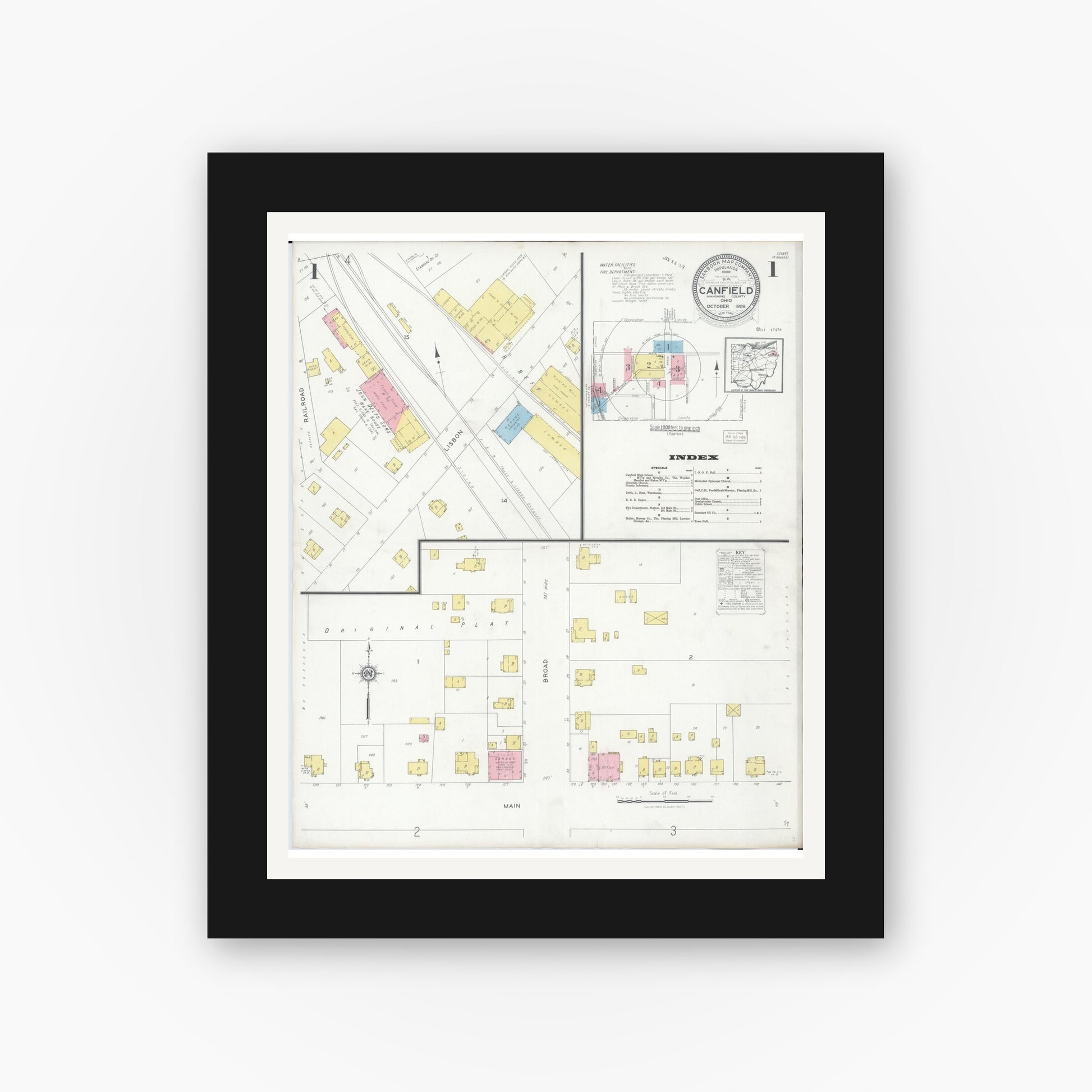 Old map wall art mockup — black gallery frame with white mat — Sanborn Fire Insurance Map from Canfield, Mahoning County, Ohio (1928) - Complete Map Set