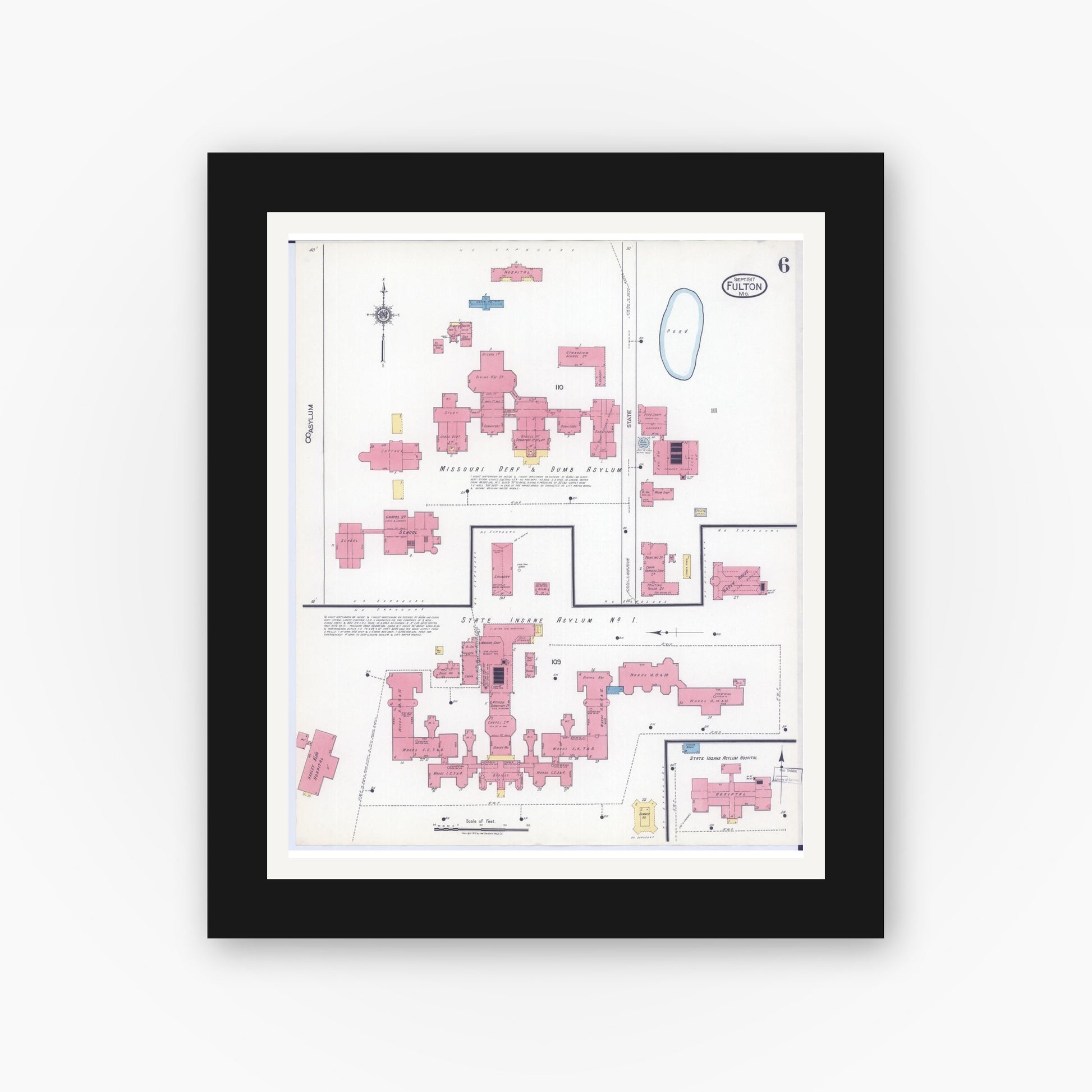 Old map wall art mockup — black gallery frame with white mat — Sanborn Fire Insurance Map from Fulton, Callaway County, Missouri (1917), Sheet #0006