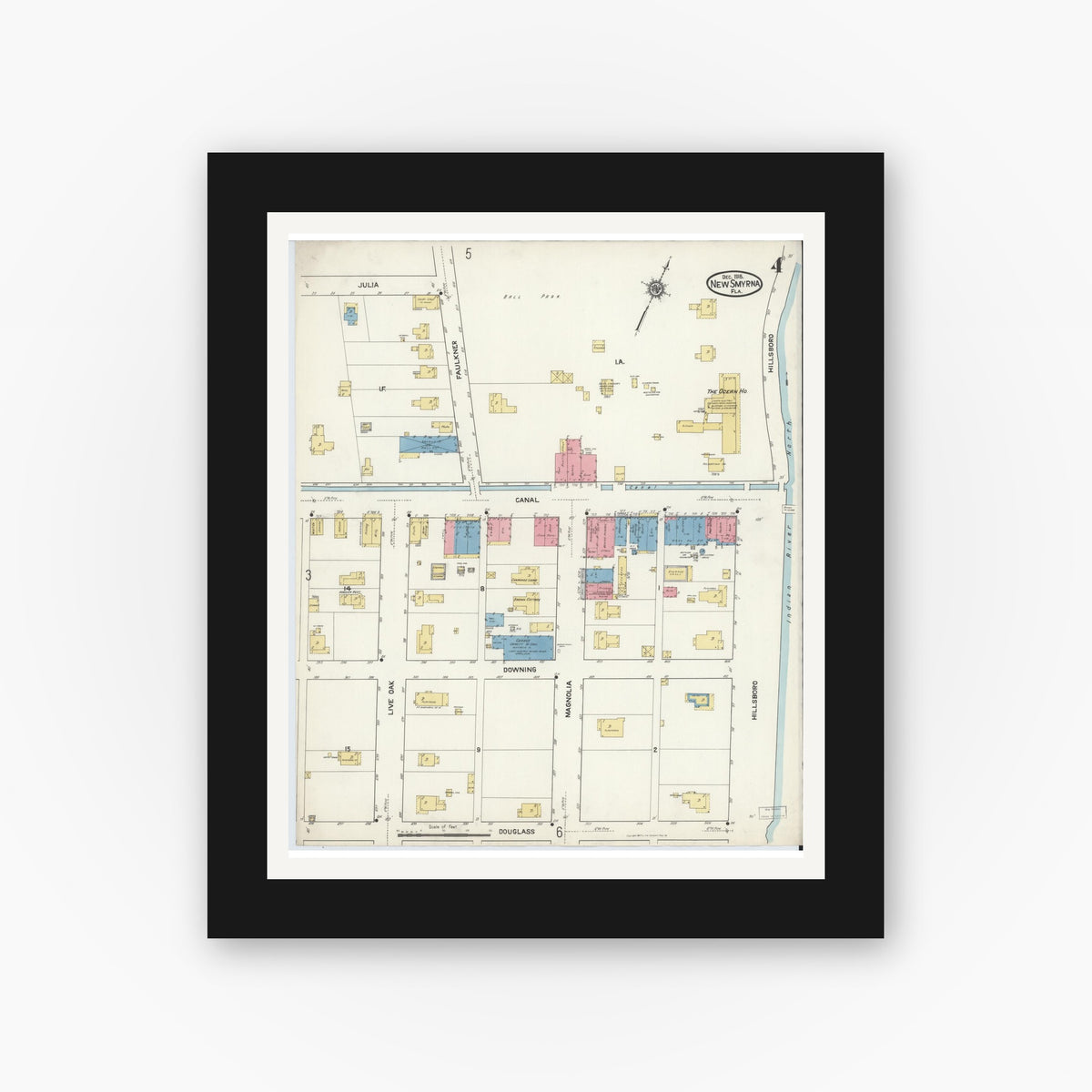 Old map wall art mockup — black gallery frame with white mat — Sanborn Fire Insurance Map from New Smyrna, Valusia County, Florida (1916), Sheet #0004