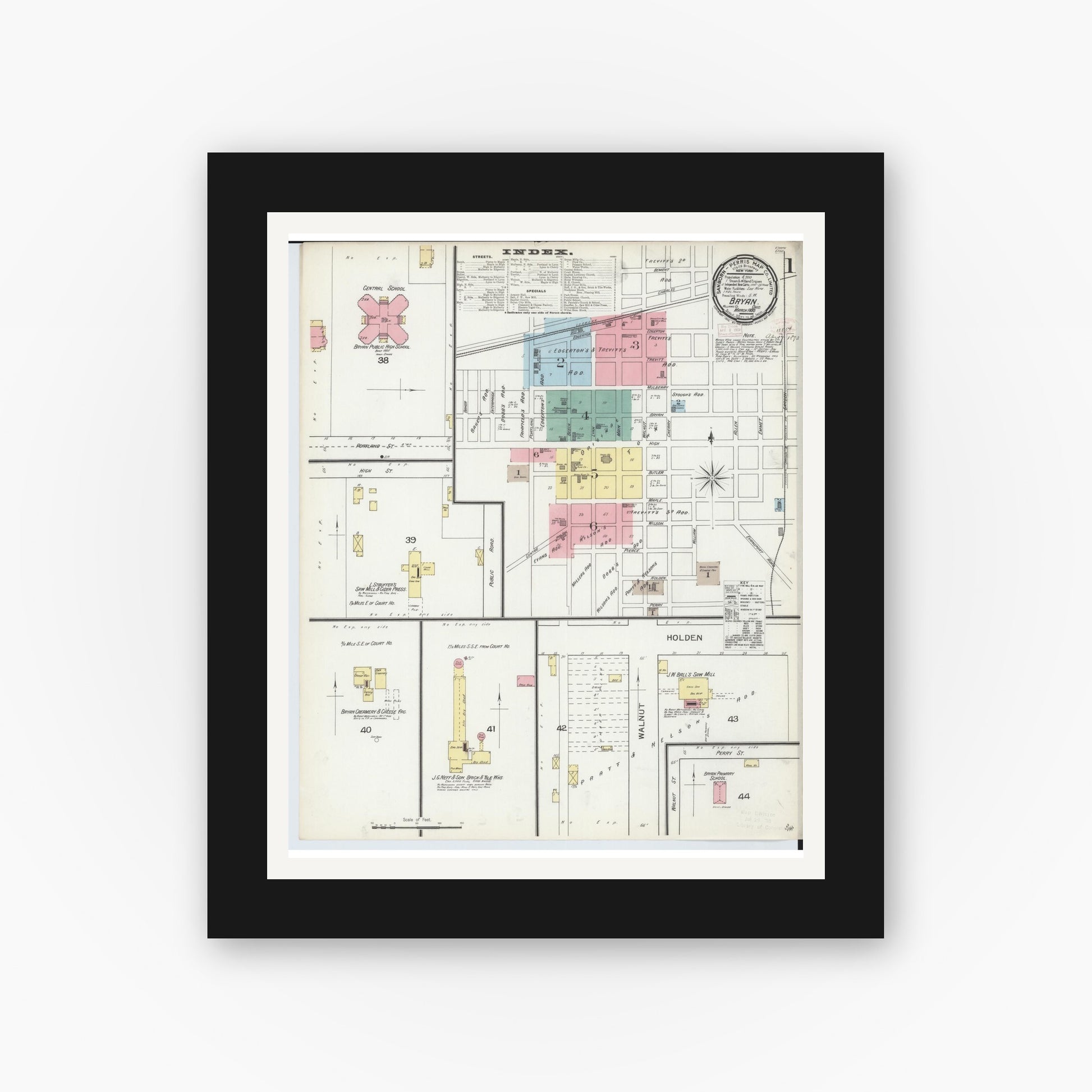 Old map wall art mockup — black gallery frame with white mat — Sanborn Fire Insurance Map from Bryan, Williams County, Ohio (1893) - Complete Map Set